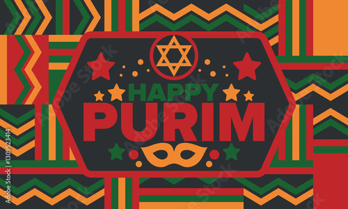 Purim. Happy Purim. Traditional Jewish religious holiday. Star of David, Carnival mask. Israel history. Сelebrated by a masquerade and festival. Poster art. Vector illustration