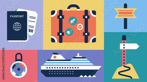 Travel Vector Icon Set for Adventure, Vacation, and Transportation - Passport, Luggage, Cruise Ship, Location Signs, and More for Creative Projects