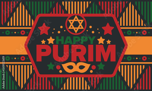 Purim. Happy Purim. Traditional Jewish religious holiday. Star of David, Carnival mask. Israel history. Сelebrated by a masquerade and festival. Poster art. Vector illustration