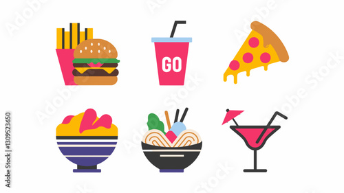 Fast Food Vector Icon Set Featuring Burger, Pizza, Fries, Drink, Noodles and Dessert for Restaurants, Menus, and Food Delivery Graphics