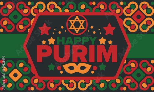 Purim. Happy Purim. Traditional Jewish religious holiday. Star of David, Carnival mask. Israel history. Сelebrated by a masquerade and festival. Poster art. Vector illustration