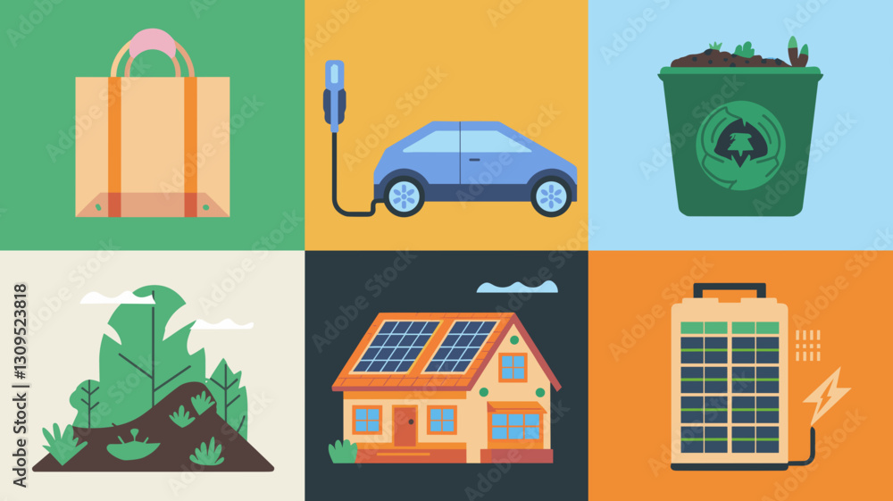 Fototapeta premium Eco-Friendly Vector Icon Set Featuring Renewable Energy, Electric Cars, Sustainability Themes, Recycling, Green Living, and Nature Illustrations for Designers