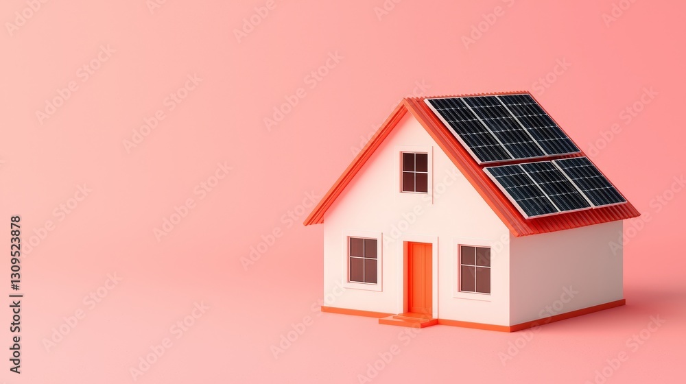 A modern house model featuring solar panels on the roof, set against a soft pink background, symbolizing renewable energy and sustainability. A modern house model featuring solar panels on the roof, set against a soft pink background, symbolizing renewable energy and sustainability.