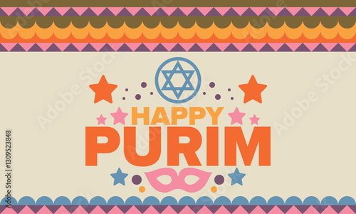 Purim. Happy Purim. Traditional Jewish religious holiday. Star of David, Carnival mask. Israel history. Сelebrated by a masquerade and festival. Poster art. Vector illustration