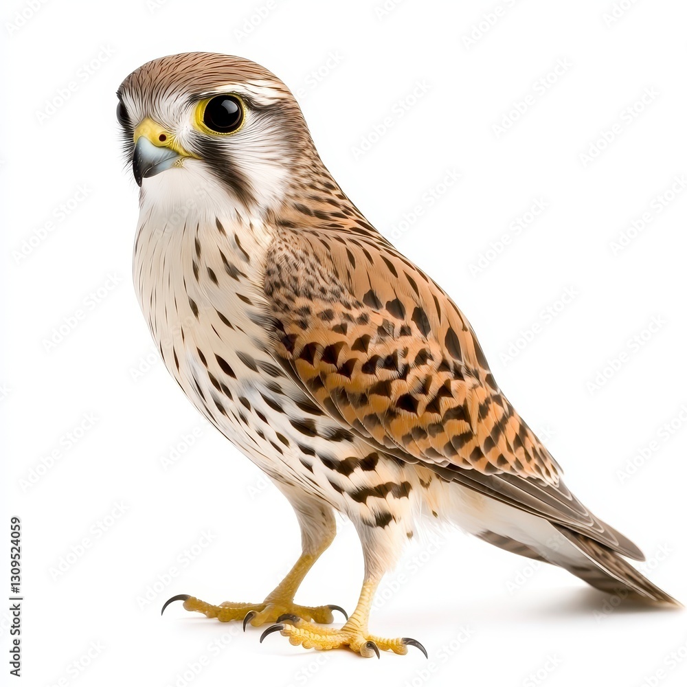 Brown and Orange Kestrel Bird Portrait on White Background Brown and Orange Kestrel Bird Portrait on White Background