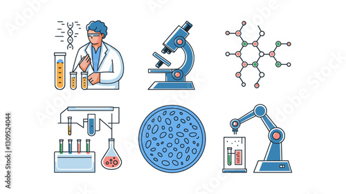 Science Vector Icon Set Featuring Laboratory Equipment, Chemical Structures, Microscopes, and Research Elements for Educational and Medical Projects