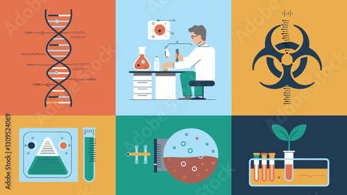 Vector Icon Set for Science and Laboratory, Featuring DNA, Laboratory Equipment, Biotech Symbols, Researcher, Chemical Analysis, and Plant Growth