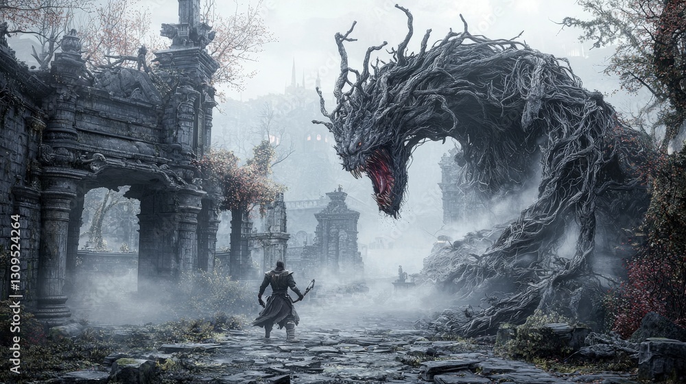 Obraz premium Warrior confronts ancient beast in fog-filled city fantasy scene epic battle dark environment dynamic perspective