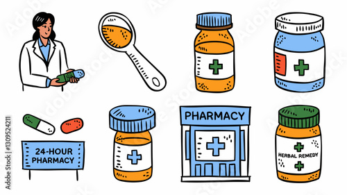 Pharmacy Vector Icon Set Featuring 24-Hour Pharmacy