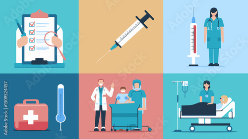 Healthcare Vector Icon Set Featuring Medical Tools, Doctor and Nurse Illustrations, Syringe, First Aid Kit, Patient Care, and Medical Checklists