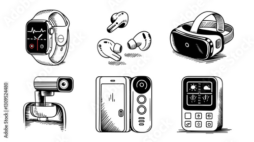 Vector Icon Set of Smart Devices: Smartwatch, Wireless Earbuds, VR Headset, Camera, Video Doorbell, Home Weather Station - High-Quality Graphics