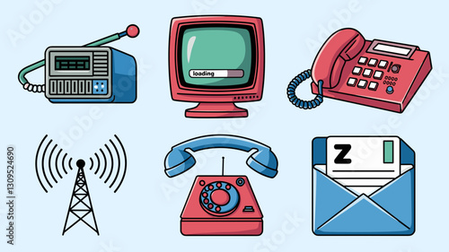 Vector Icon Set of Communication Technology: Radio, Computer, Telephone, and Wi-Fi Tower Illustrations for Digital and Print Design