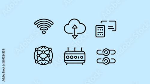 Vector Icon Set for WiFi, Cloud Storage, Mobile Devices, Network Connectivity, and User Interface Elements - Perfect for Tech and Digital Projects
