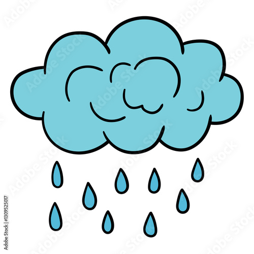 Hand drawn cartoon cloud with rain on white background.