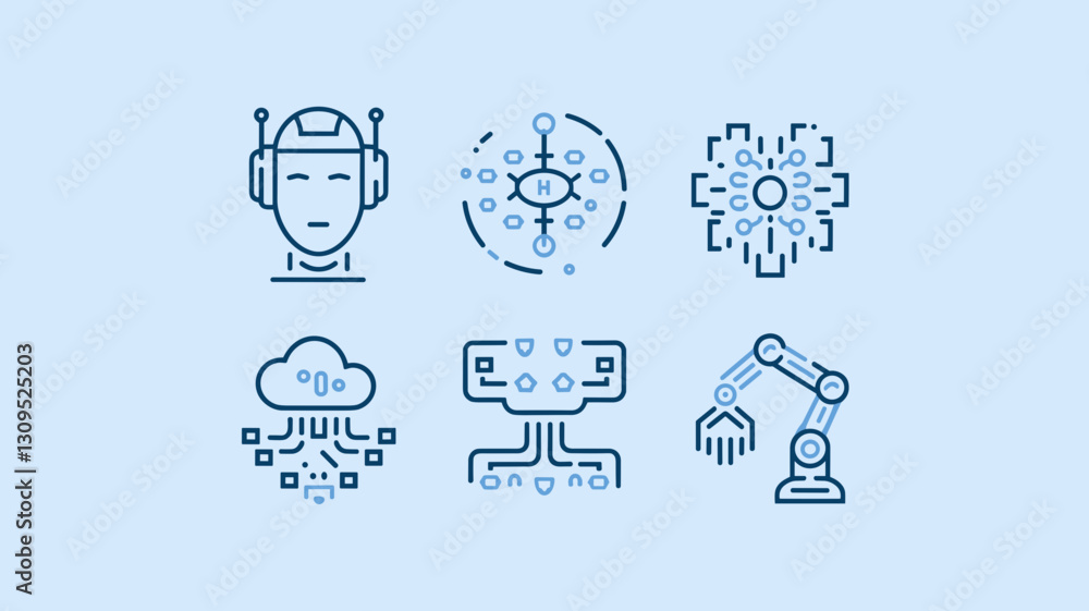 Fototapeta premium Vector Icon Set: AI Technology, Machine Learning, Robotics, Cloud Computing, Data Science, and Automation Graphics for Modern Digital Projects