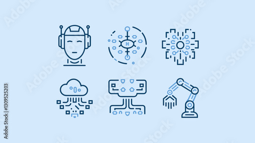 Vector Icon Set: AI Technology, Machine Learning, Robotics, Cloud Computing, Data Science, and Automation Graphics for Modern Digital Projects