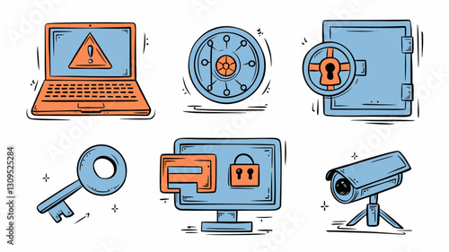 Vector Icon Set for Cybersecurity, Safe Lock, Laptop Security, Key, Computer Screen, Surveillance Camera, Digital Protection Graphics