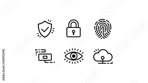 Security and Privacy Vector Icon Set for Website, App Design, and Digital Protection - Shield, Lock, Fingerprint, Eye, Cloud Icons