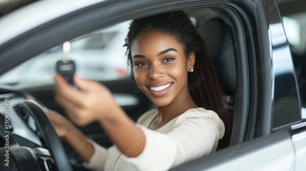 Happy customer receives keys for new car at dealership Happy customer receives keys for new car at dealership