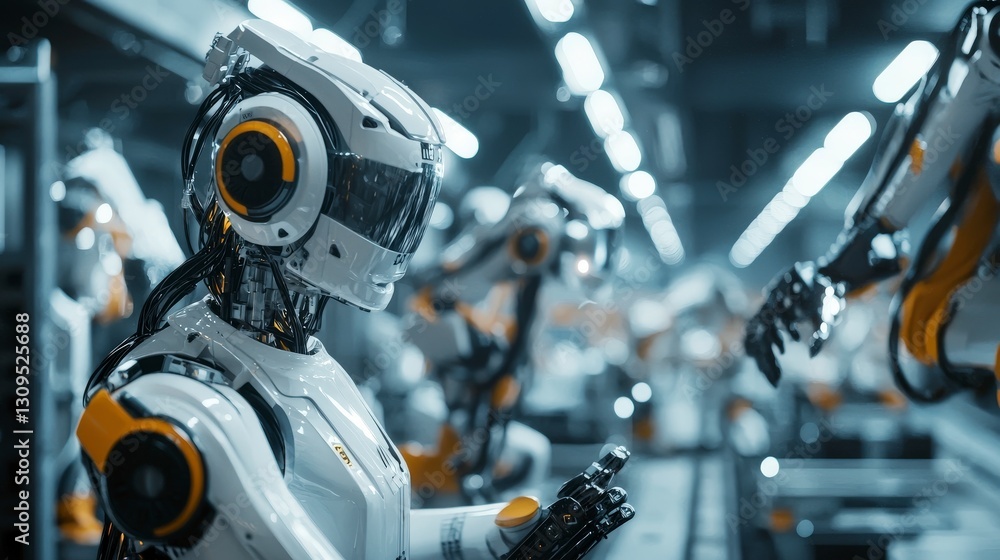 Close-up of futuristic robot in advanced factory setting Close-up of futuristic robot in advanced factory setting