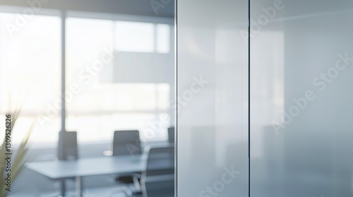Modern office interior with frosted glass partition and natural light. Sleek conference room design with minimalist furniture and large windows. Professional workspace with blurred background 