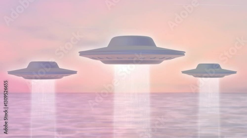 First Contact, UFOs above the ocean 3D Illustration, Meditation Animation, Visualizer, Visualization, Video 