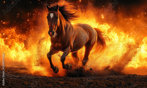 wild horse running in a black background on fire