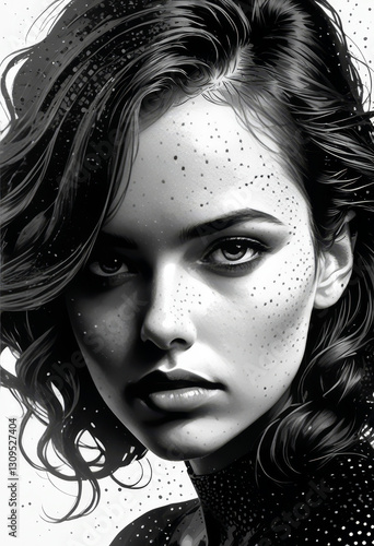 Black and White Portrait of a Mysterious Woman with Freckles and Wavy Hair

