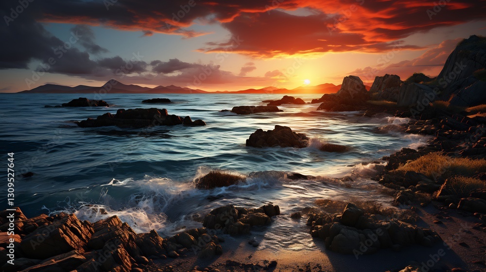 Fiery Sunset over Coastal Rocks and Ocean Waves. Fiery Sunset over Coastal Rocks and Ocean Waves.