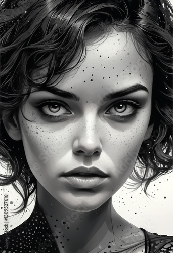 Black and White Portrait of a Mysterious Woman with Freckles and Wavy Hair

