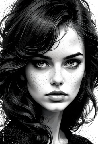 Black and White Portrait of a Mysterious Woman with Freckles and Wavy Hair

