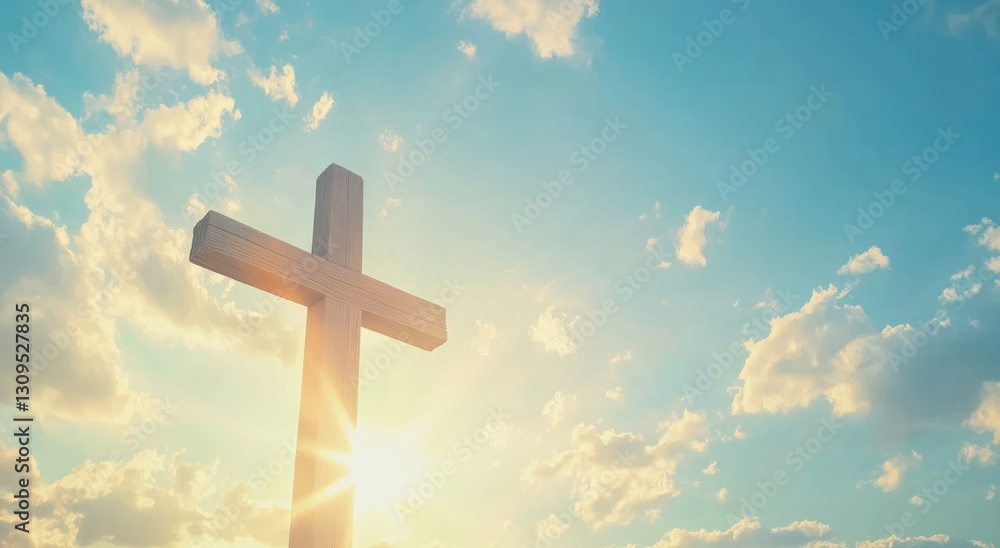 holy sunlight shining on the Christ wooden cross symbol with religious clouds on blue sky background holy sunlight shining on the Christ wooden cross symbol with religious clouds on blue sky background