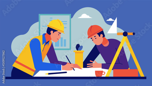 Two architects each armed with a pencil and a stack of blueprints sit at a small table in a quiet corner of the construction site refining their plans. Vector illustration