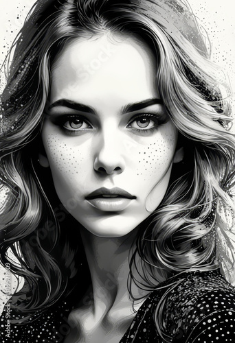 Black and White Portrait of a Mysterious Woman with Freckles and Wavy Hair

