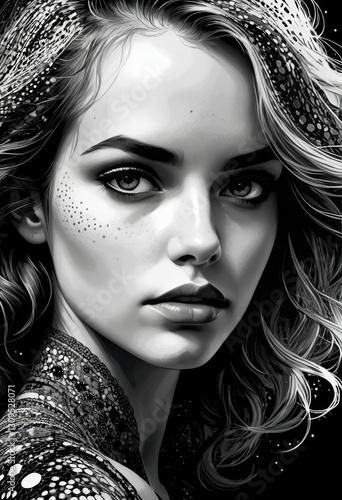 Black and White Portrait of a Mysterious Woman with Freckles and Wavy Hair


