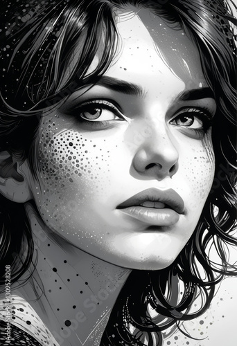 Black and White Portrait of a Mysterious Woman with Freckles and Wavy Hair

