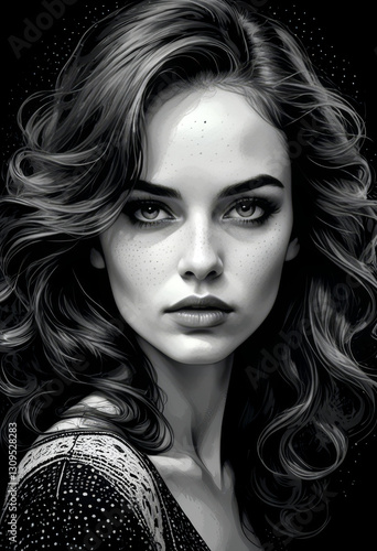 Black and White Portrait of a Mysterious Woman with Freckles and Wavy Hair

