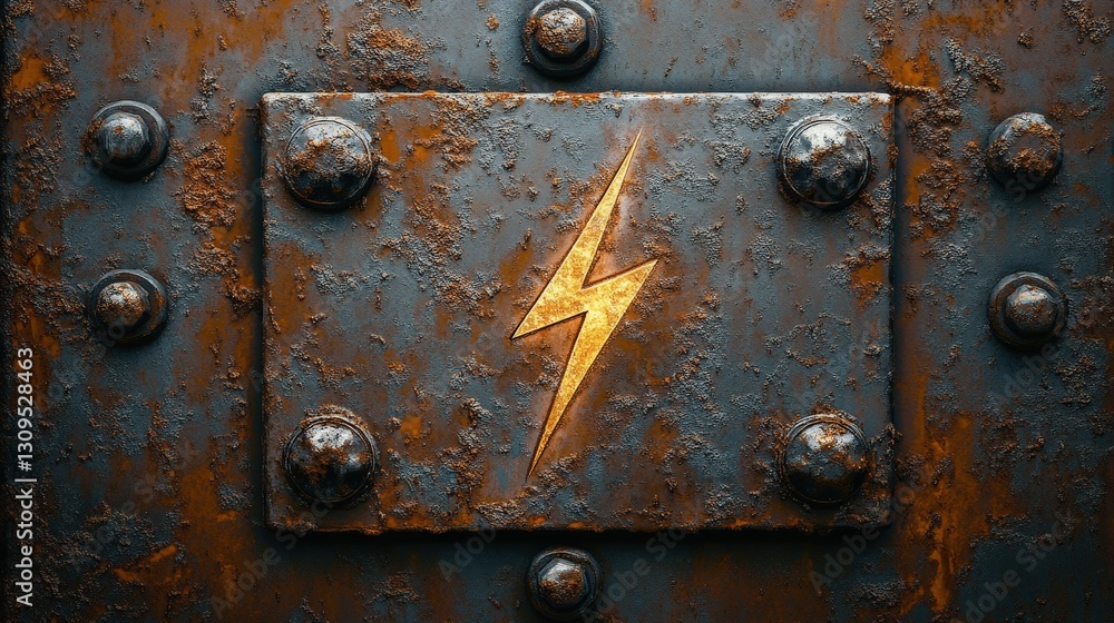 A vivid close-up of rusted metal, featuring a striking yellow lightning bolt at its heart. Dark brown hues blend with textures of rust and dirt, creating an intense visual contrast against the stark b A vivid close-up of rusted metal, featuring a striking yellow lightning bolt at its heart. Dark brown hues blend with textures of rust and dirt, creating an intense visual contrast against the stark b