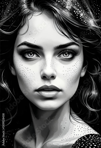 Black and White Portrait of a Mysterious Woman with Freckles and Wavy Hair

