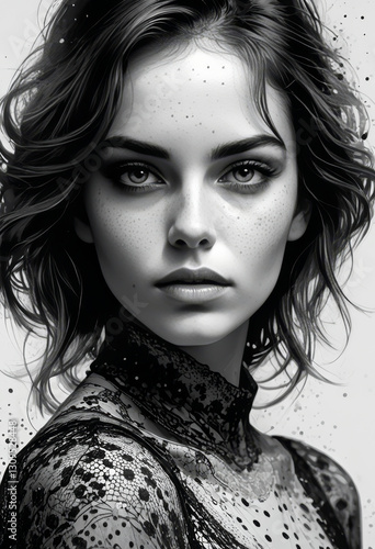 Black and White Portrait of a Mysterious Woman with Freckles and Wavy Hair

