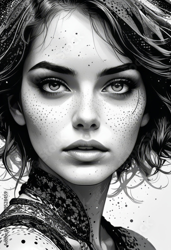 Black and White Portrait of a Mysterious Woman with Freckles and Wavy Hair

