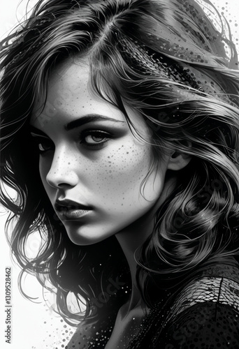 Black and White Portrait of a Mysterious Woman with Freckles and Wavy Hair

