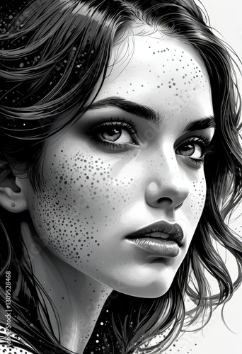 Black and White Portrait of a Mysterious Woman with Freckles and Wavy Hair

