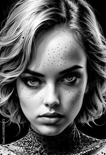 Black and White Portrait of a Mysterious Woman with Freckles and Wavy Hair


