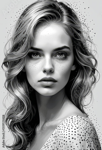Black and White Portrait of a Mysterious Woman with Freckles and Wavy Hair

