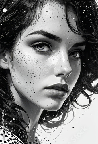 Black and White Portrait of a Mysterious Woman with Freckles and Wavy Hair

