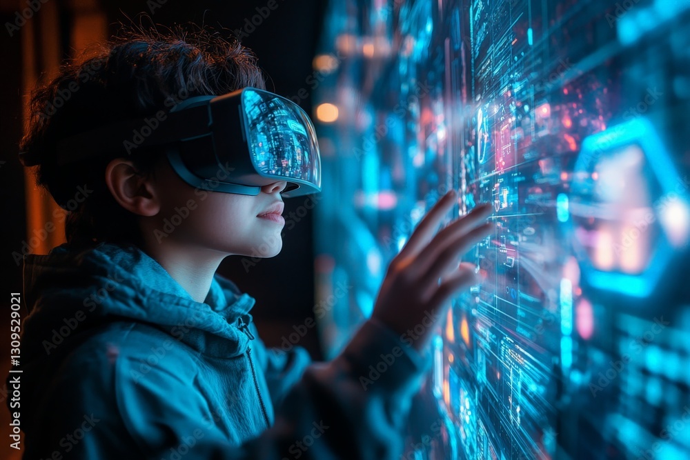 Young boy explores virtual reality in futuristic gaming environment with vibrant visuals Young boy explores virtual reality in futuristic gaming environment with vibrant visuals