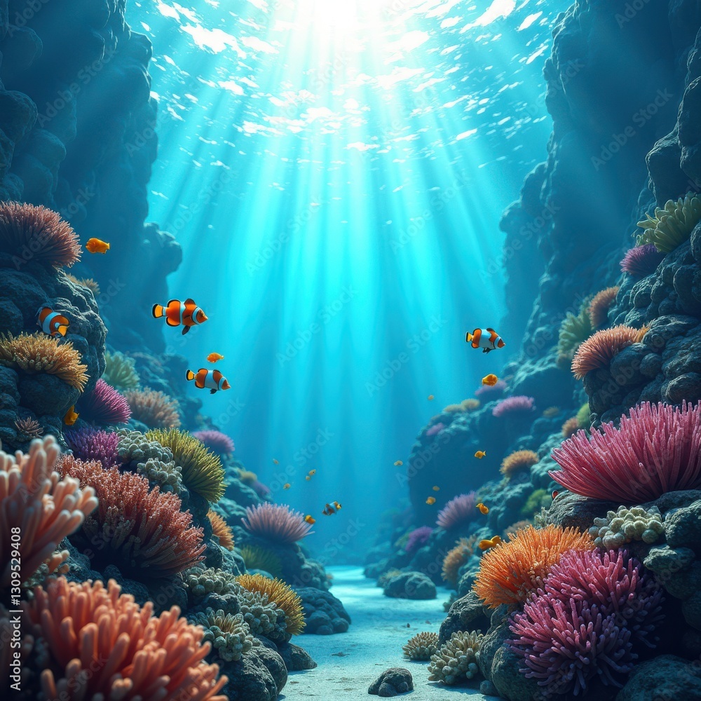 Naklejka premium exploring vibrant pristine coral reefs underwater stunning aqua shades diverse marine life display, nature, colors, fish, seaweed, ocean, aquatic