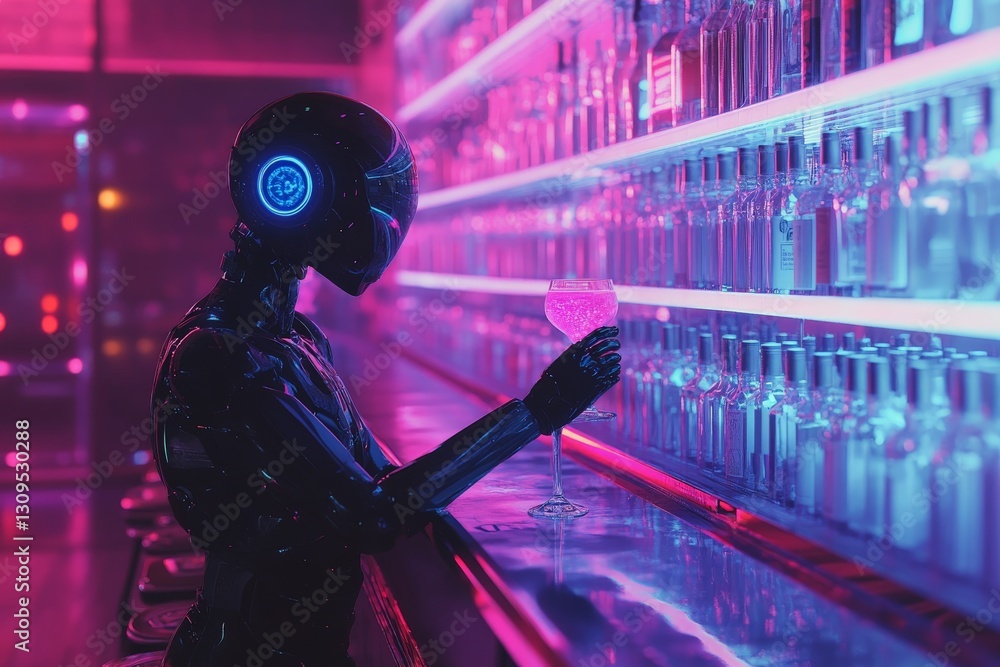 Futuristic robot enjoying a cocktail at a neon-lit bar during the nightlife scene Futuristic robot enjoying a cocktail at a neon-lit bar during the nightlife scene