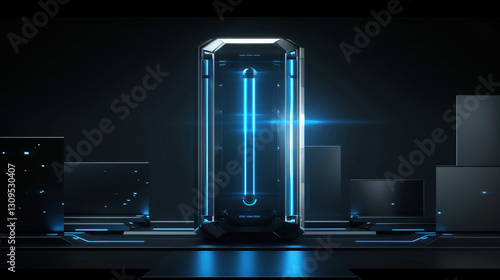 Futuristic supercomputer with glowing blue lights in a high-tech minimalist environment, showcasing advanced technology and innovation with ample copy space for design.